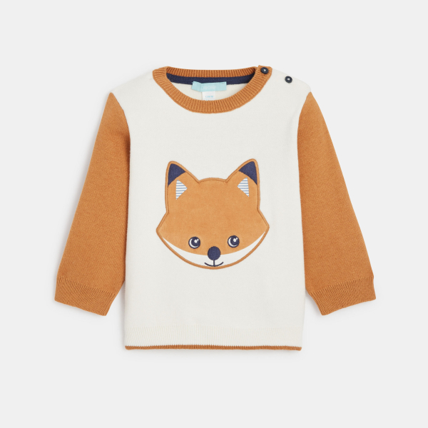 بلوفر الثعلب، منسوج ومطرز، باللون البني، للأطفال الصغار.